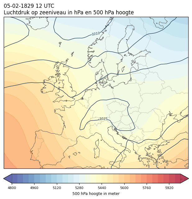 Weerkaart van 5 februari 1829 om 12 UTC