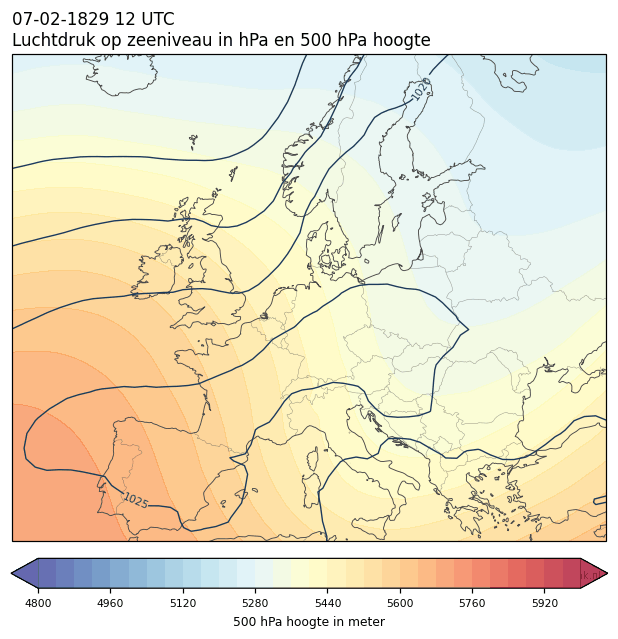 Weerkaart van 7 februari 1829 om 12 UTC