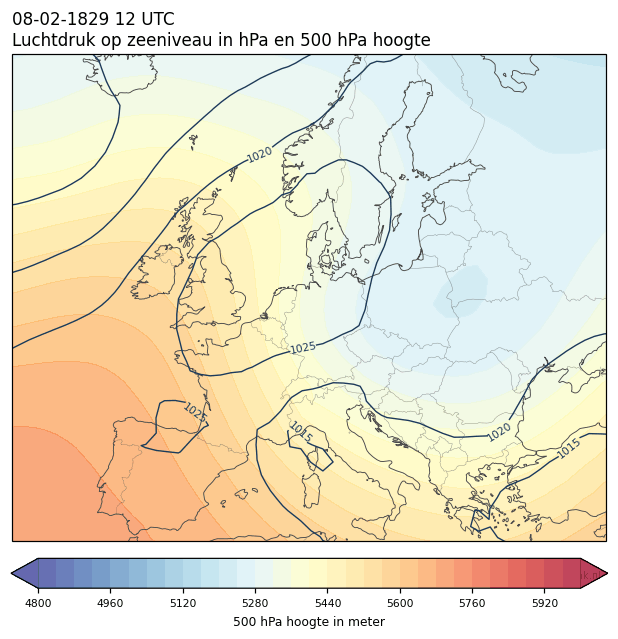 Weerkaart van 8 februari 1829 om 12 UTC
