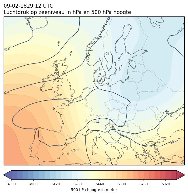 Weerkaart van 9 februari 1829 om 12 UTC