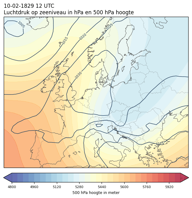Weerkaart van 10 februari 1829 om 12 UTC