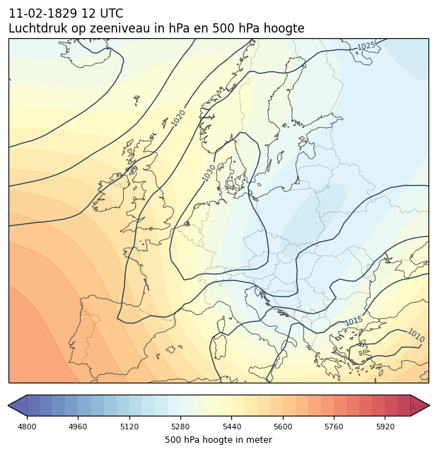 Weerkaart van 11 februari 1829 om 12 UTC