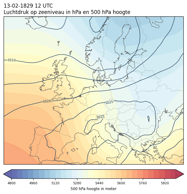 Weerkaart van 13 februari 1829 om 12 UTC