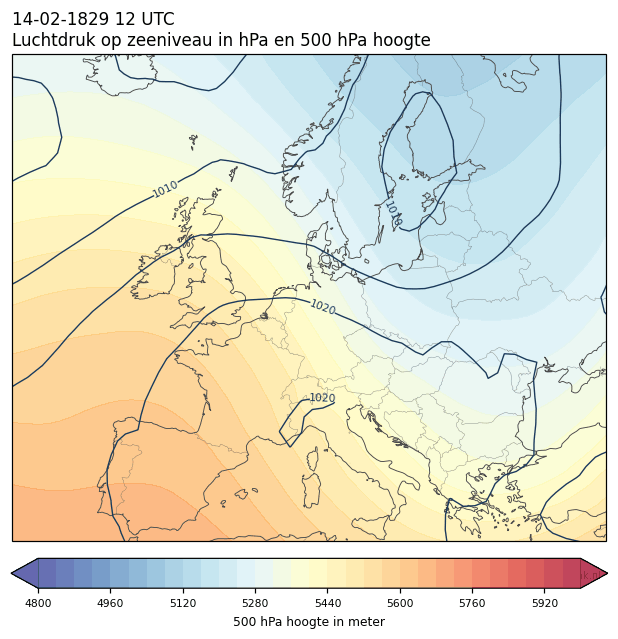 Weerkaart van 14 februari 1829 om 12 UTC