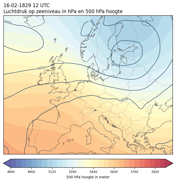 Weerkaart van 16 februari 1829 om 12 UTC