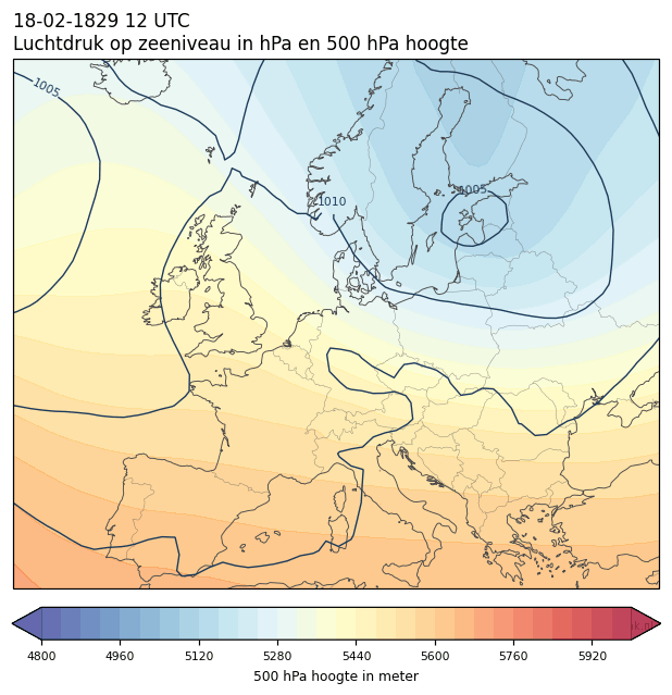 Weerkaart van 18 februari 1829 om 12 UTC