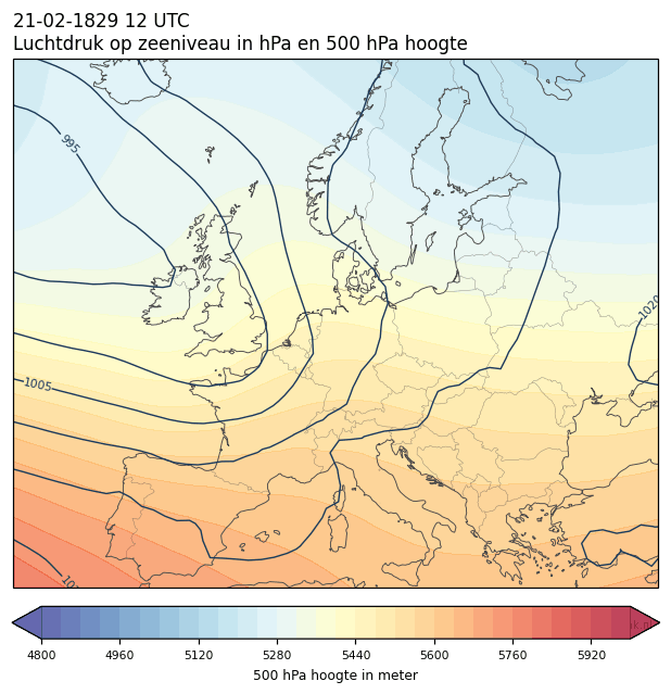 Weerkaart van 21 februari 1829 om 12 UTC
