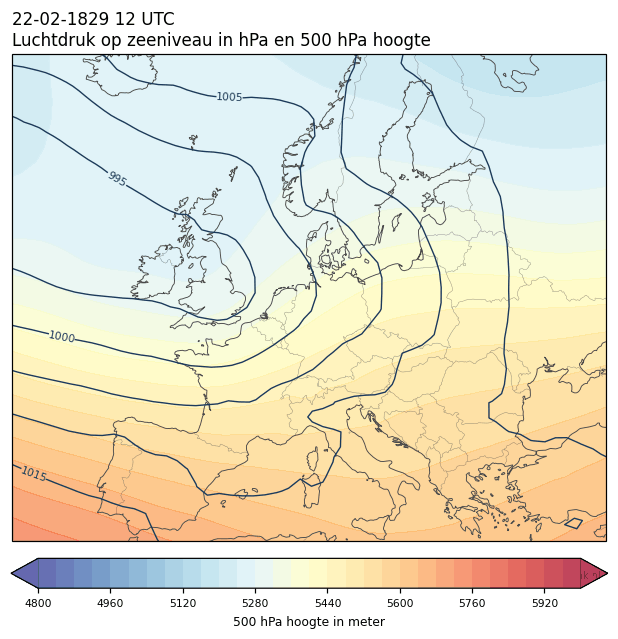 Weerkaart van 22 februari 1829 om 12 UTC