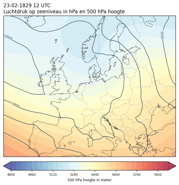 Weerkaart van 23 februari 1829 om 12 UTC