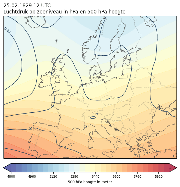Weerkaart van 25 februari 1829 om 12 UTC