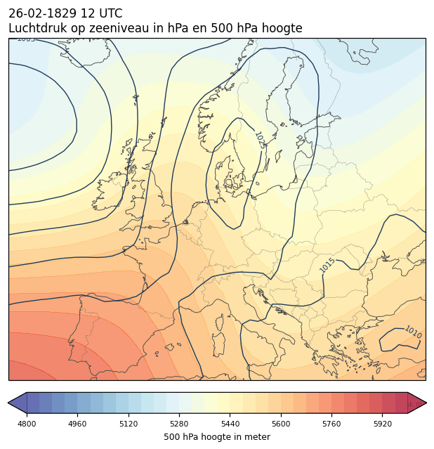 Weerkaart van 26 februari 1829 om 12 UTC