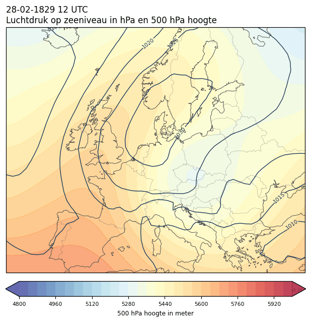 Weerkaart van 28 februari 1829 om 12 UTC