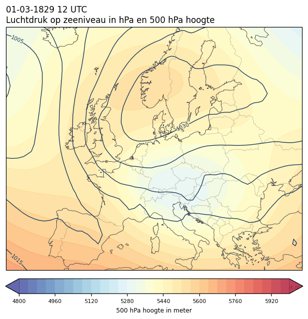 Weerkaart van 1 maart 1829 om 12 UTC