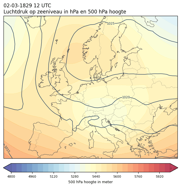Weerkaart van 2 maart 1829 om 12 UTC