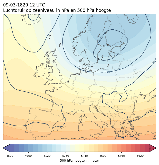 Weerkaart van 9 maart 1829 om 12 UTC