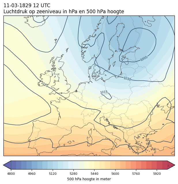 Weerkaart van 11 maart 1829 om 12 UTC