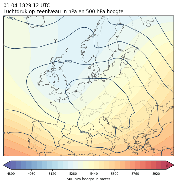 Weerkaart van 1 april 1829 om 12 UTC