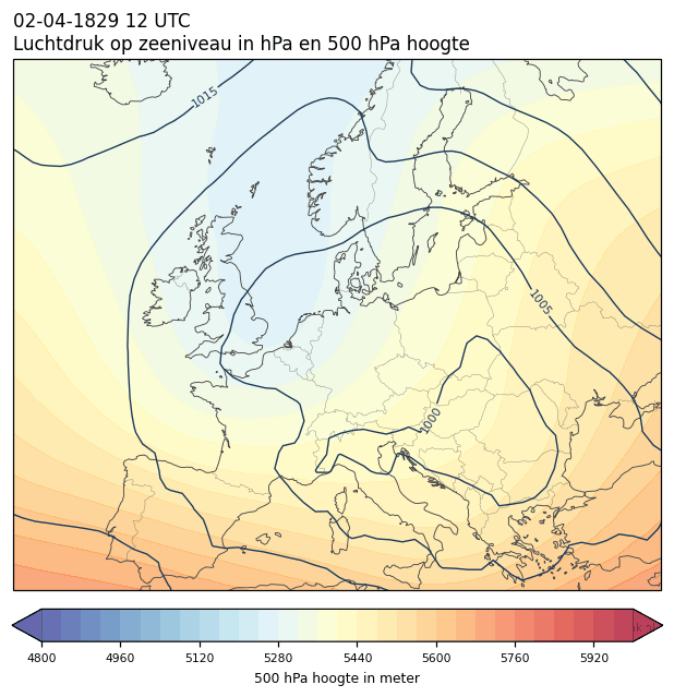 Weerkaart van 2 april 1829 om 12 UTC