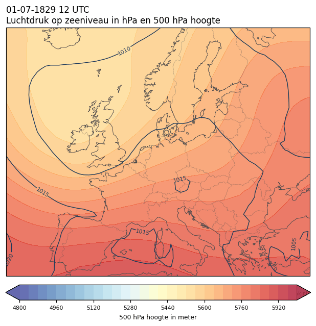Weerkaart van 1 juli 1829 om 12 UTC