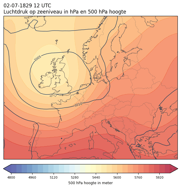 Weerkaart van 2 juli 1829 om 12 UTC