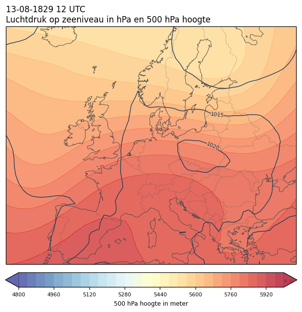 Weerkaart van 13 augustus 1829 om 12 UTC