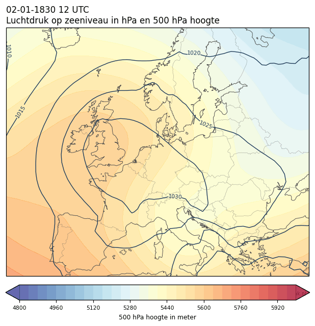Weerkaart van 2 januari 1830 om 12 UTC