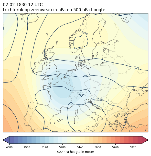 Weerkaart van 2 februari 1830 om 12 UTC