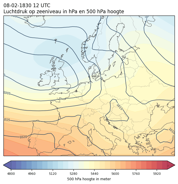 Weerkaart van 8 februari 1830 om 12 UTC