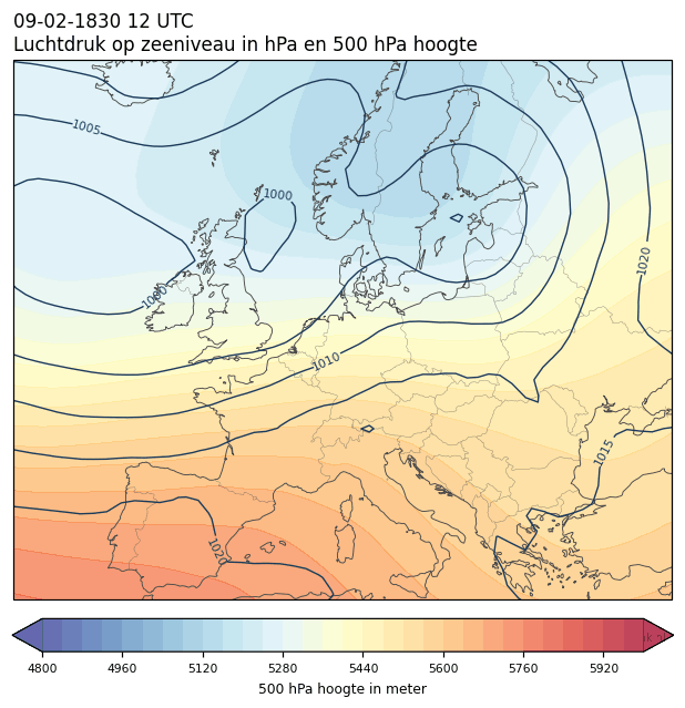 Weerkaart van 9 februari 1830 om 12 UTC