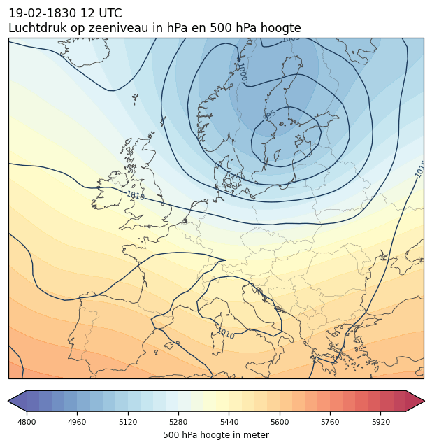 Weerkaart van 19 februari 1830 om 12 UTC