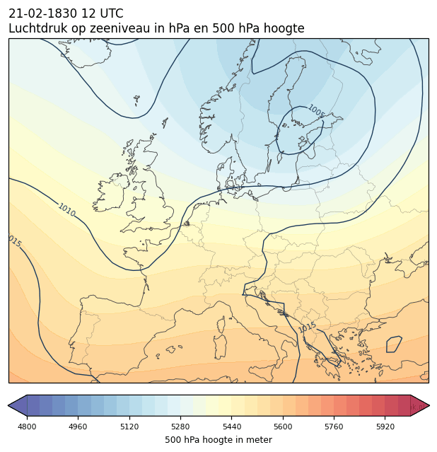 Weerkaart van 21 februari 1830 om 12 UTC