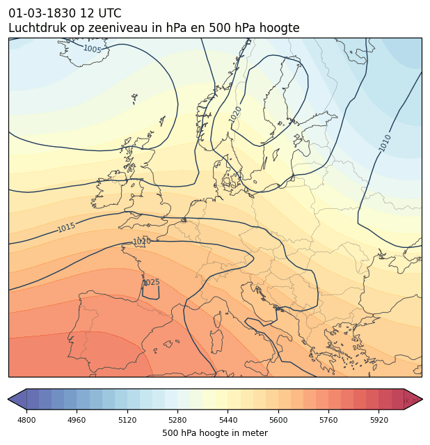 Weerkaart van 1 maart 1830 om 12 UTC