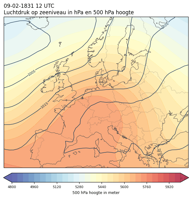 Weerkaart van 9 februari 1831 om 12 UTC