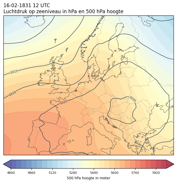 Weerkaart van 16 februari 1831 om 12 UTC