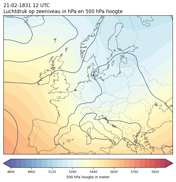 Weerkaart van 21 februari 1831 om 12 UTC