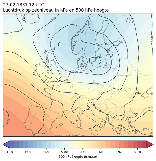 Weerkaart van 27 februari 1831 om 12 UTC