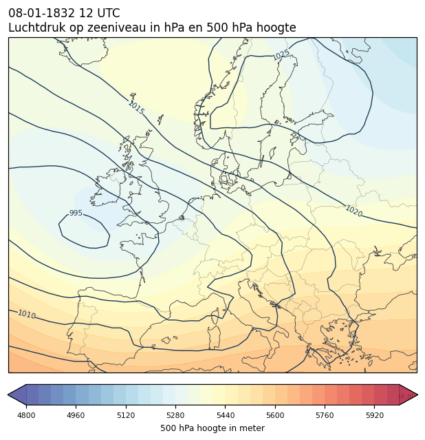 Weerkaart van 8 januari 1832 om 12 UTC