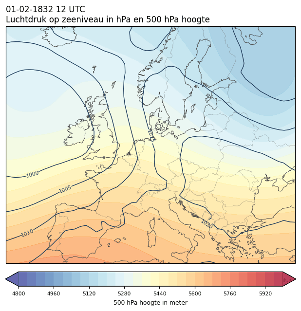Weerkaart van 1 februari 1832 om 12 UTC