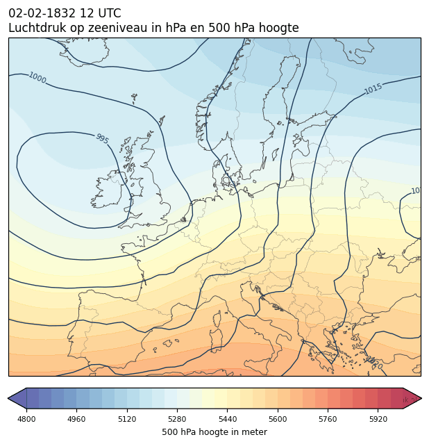 Weerkaart van 2 februari 1832 om 12 UTC