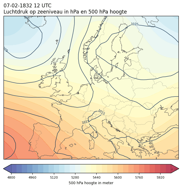 Weerkaart van 7 februari 1832 om 12 UTC