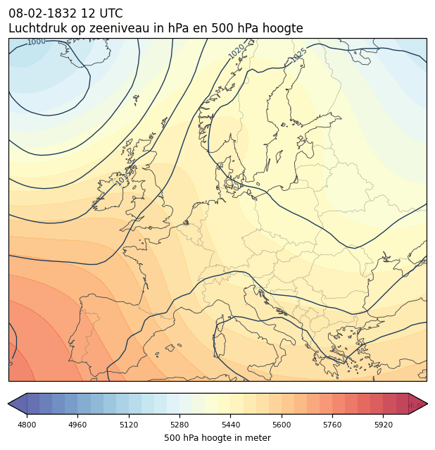 Weerkaart van 8 februari 1832 om 12 UTC