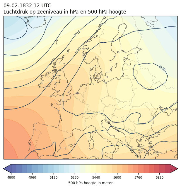 Weerkaart van 9 februari 1832 om 12 UTC
