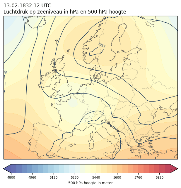 Weerkaart van 13 februari 1832 om 12 UTC