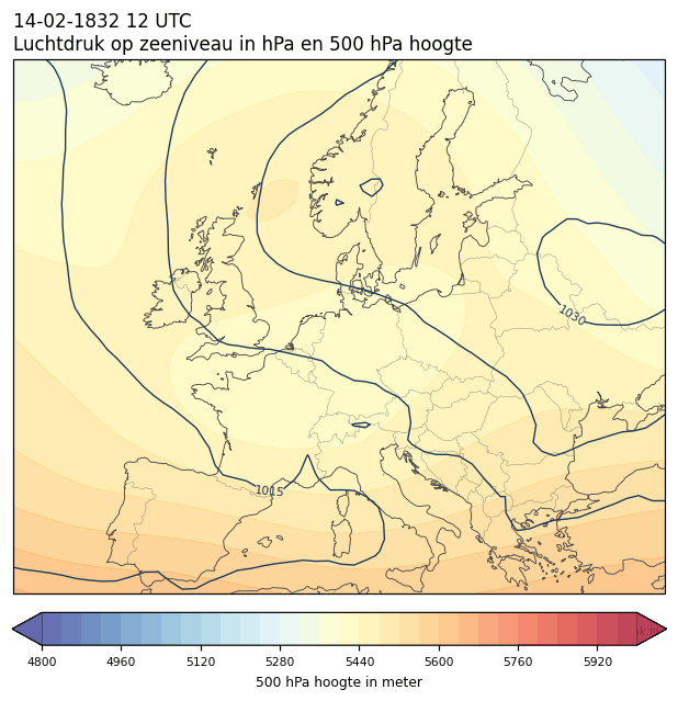 Weerkaart van 14 februari 1832 om 12 UTC