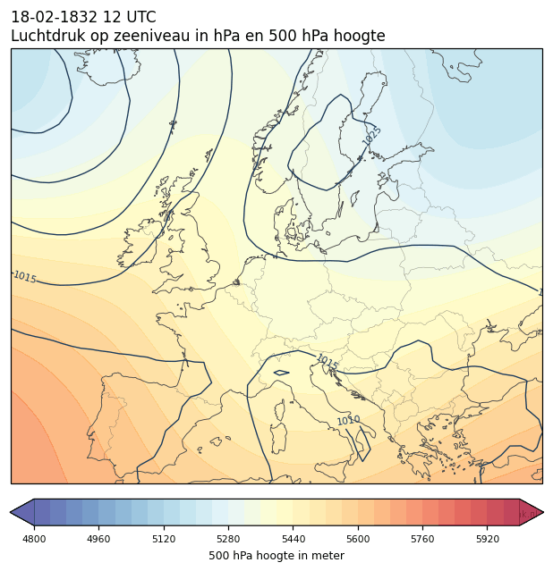 Weerkaart van 18 februari 1832 om 12 UTC
