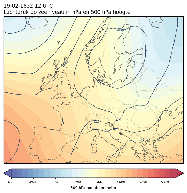 Weerkaart van 19 februari 1832 om 12 UTC