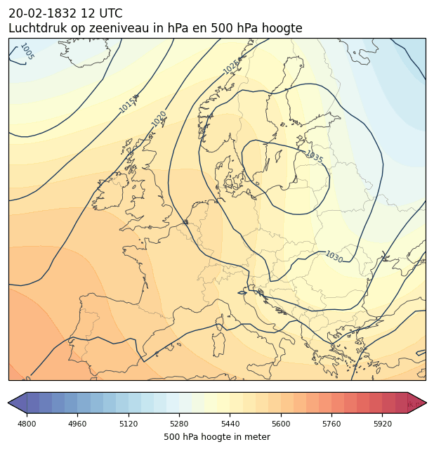 Weerkaart van 20 februari 1832 om 12 UTC