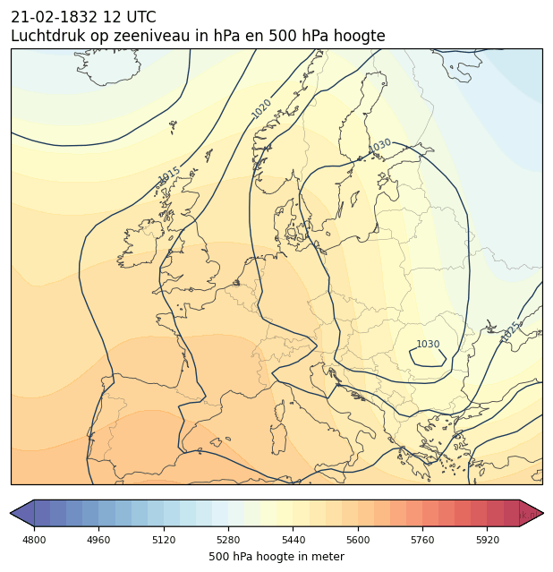Weerkaart van 21 februari 1832 om 12 UTC