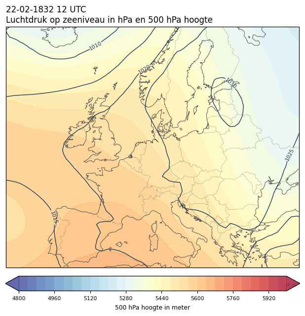 Weerkaart van 22 februari 1832 om 12 UTC