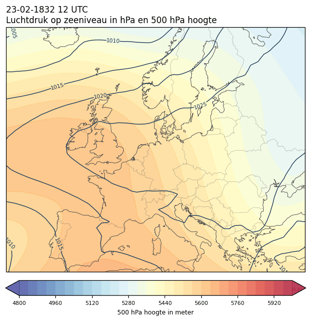 Weerkaart van 23 februari 1832 om 12 UTC